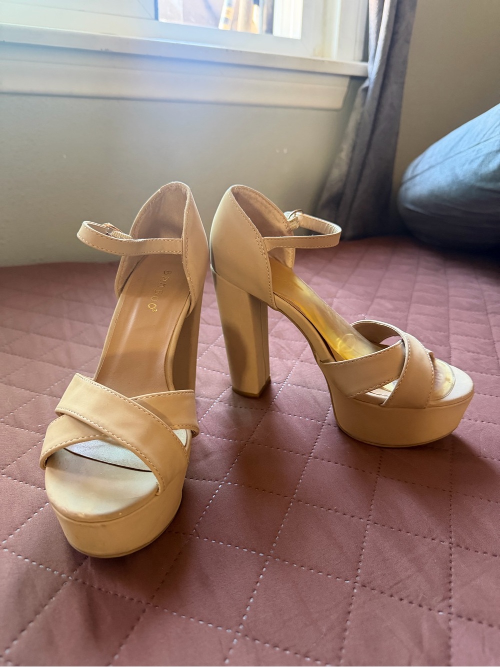 BAMBOO Beige Platform Ankle-Strap High Heels